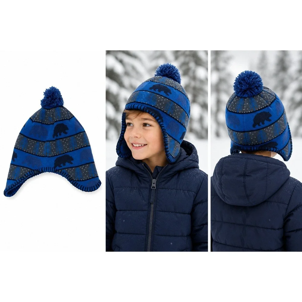 The North Face Kids OS Polar Bear Beanie‎ Hat Light Blue Ear Flap Fleece Winter